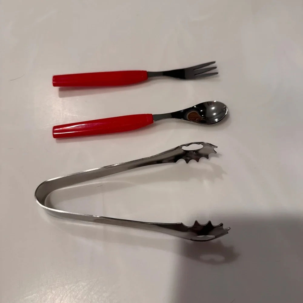 Vintage Red Handle Hors d'oeuvres Stainless Serving Set (Fork Spoon Tongs)